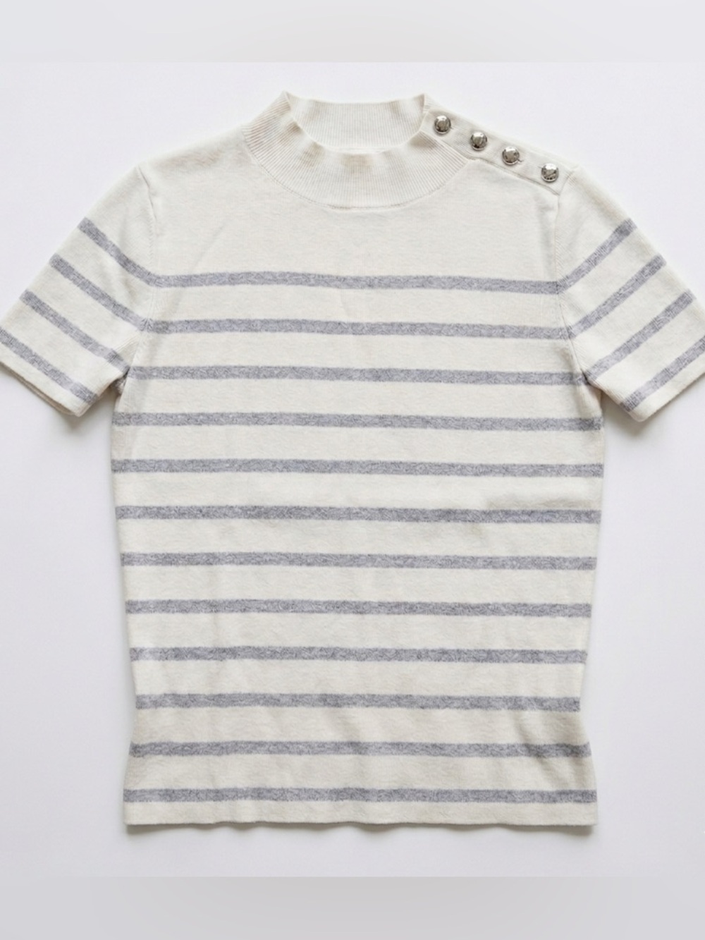 Talbots Striped Metallic Ivory Preppy Mockneck Short Sleeve Sweater - Sz M